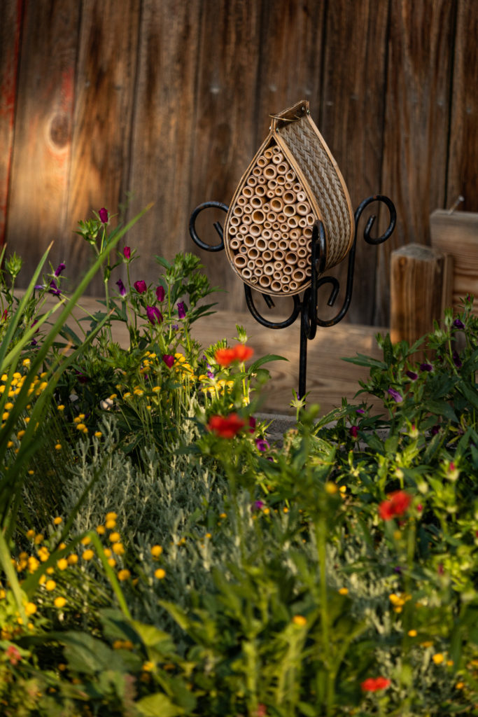 bee house perched in flowerbed